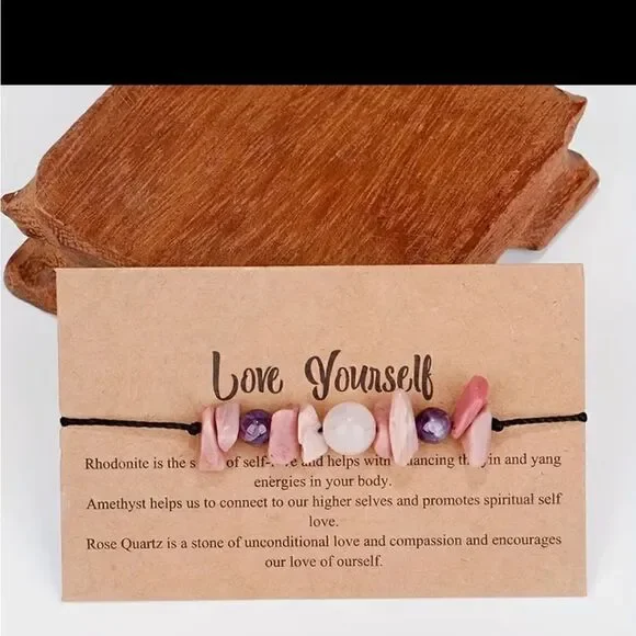 “Love Yourself” Tumbled Stone Bracelet (Rose Quartz, Amethyst, Rhodonite) - Picture 2 of 12